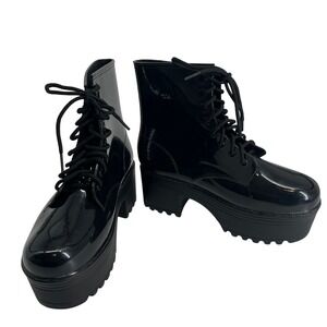 Jeffrey Campbell Black Patent Platform Combat Boots Lug Sole Lace Up Chunky Sz 8